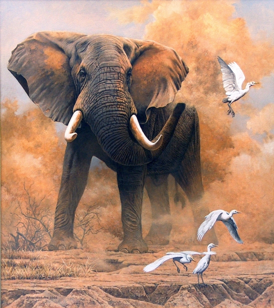 Dusty Elephant with Egrets - 2006 Johan Hoekstra Wildlife Art