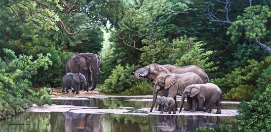 Elephant Herd at Secluded River - 2010 Johan Hoekstra Wildlife Art