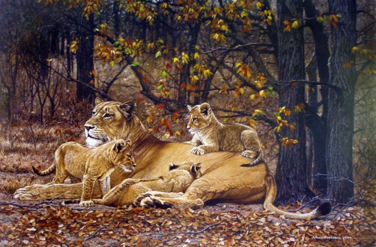 Lioness and Cubs - 1999 Johan Hoekstra Wildlife Art