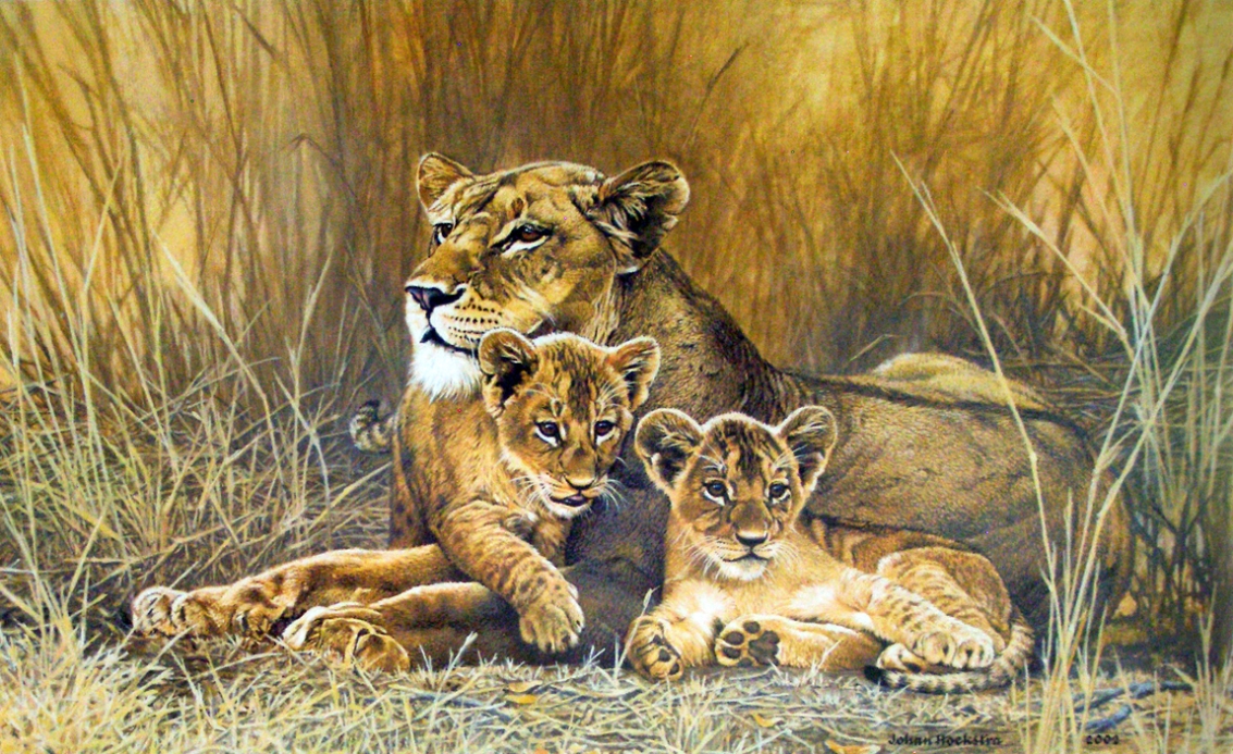 https://johanhoekstracollection.files.wordpress.com/2012/09/lioness-and-cubs-2002-johan-hoekstra-wildlife-art.jpg